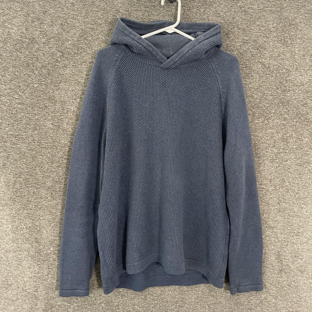 AETHER Sweater Mens Large Blue Hooded V Neck Textured Knit Pullover Long Sleeve